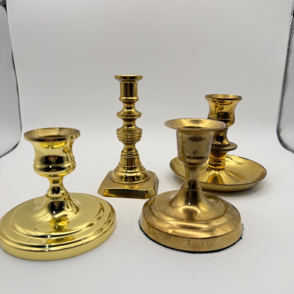 Vintage Solid Brass Candlestick Holders Mismatched Set of 4 Gold Taper